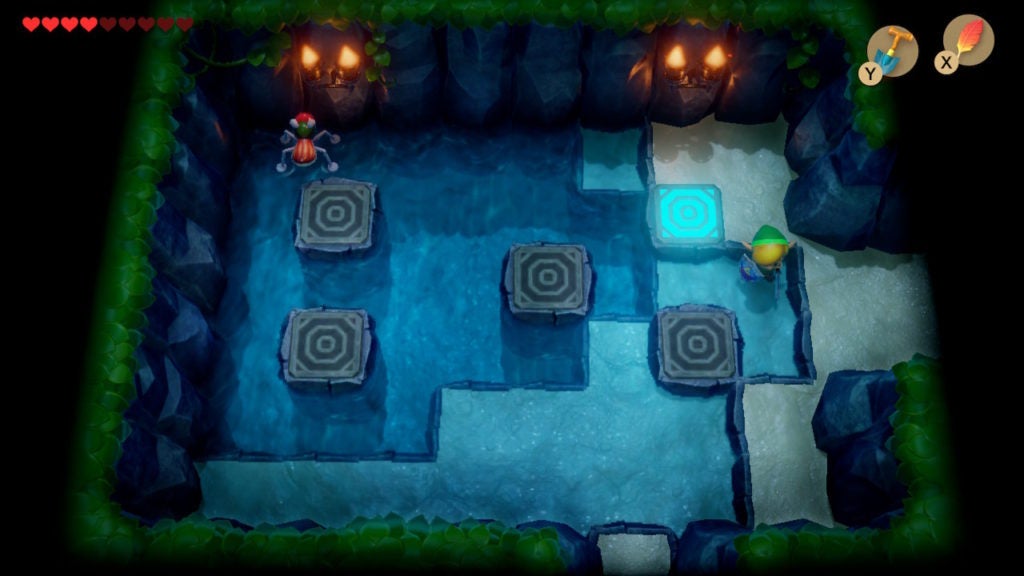 A room with 5 large tiles. The tile in the northeast corner is glowing blue.