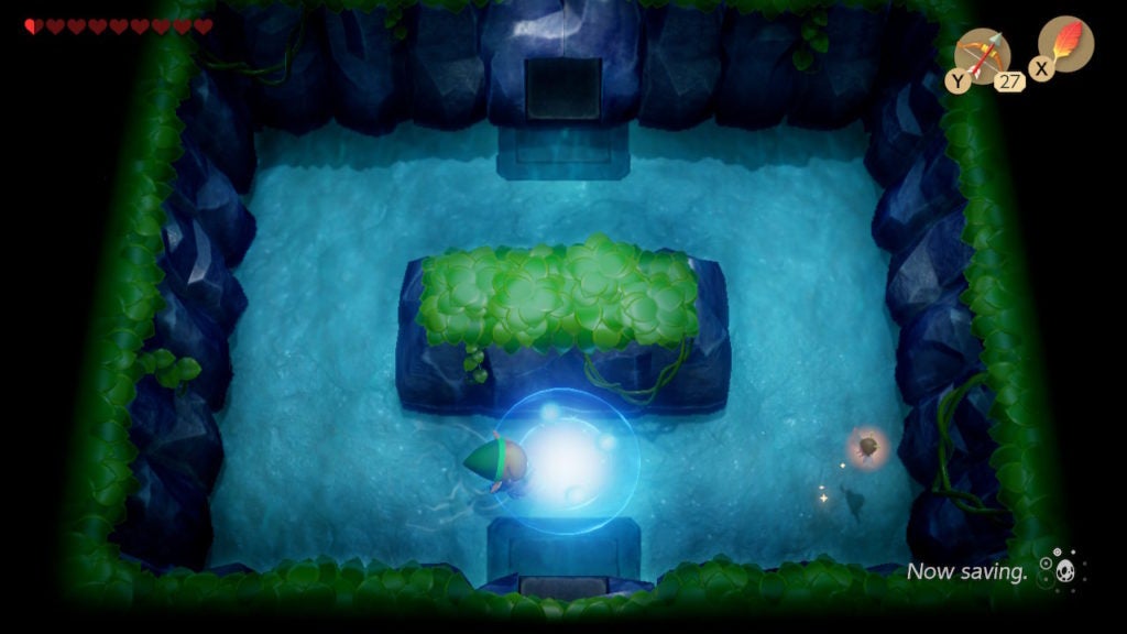 Link standing near a blue portal in the ground while a fairy hovers in the southeast corner.