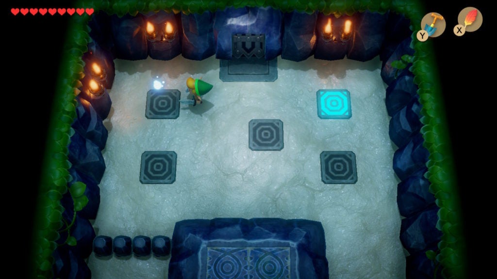 A wisp of light showing Link the pattern for solving a puzzle involving 5 glowing blue tiles.