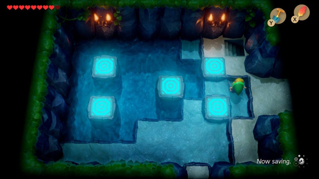 Link stepping on all the blue tiles in order to light them up and reveal a hidden staircase in the northeastern corner.