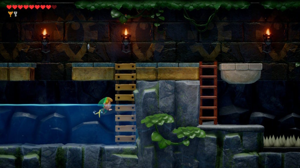 Link swimming in side-view underground tunnel.