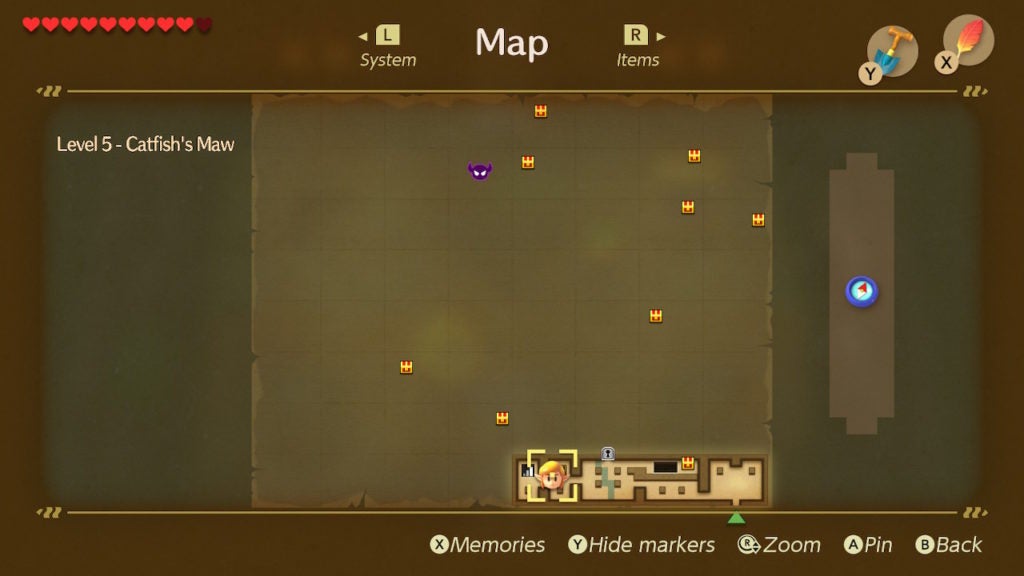 A view of Level 5 - Catfish's Maw's map with all chests but now room layout.