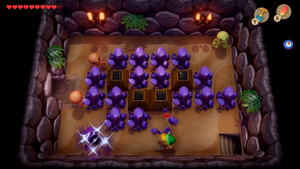 A room with many purple crystals and some Stalfos skeletons.