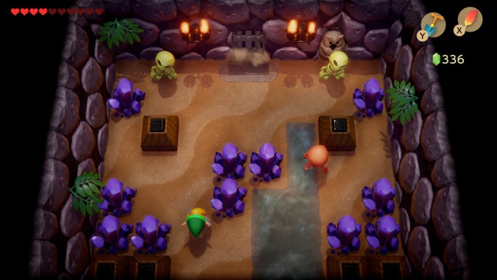 A room with 3 Stalfos enemies, many purple crystals, and an Owl Statue.