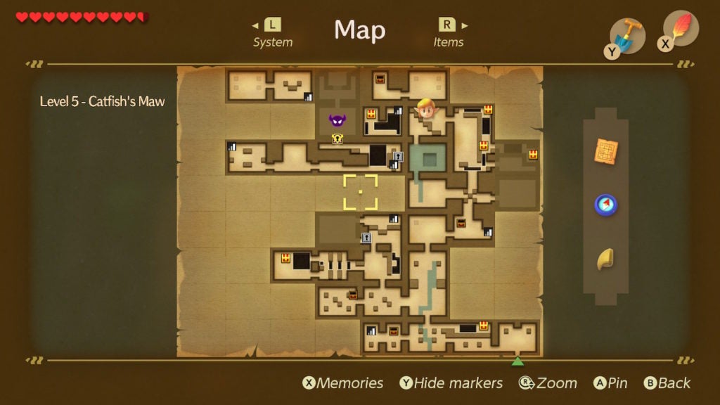 Looking at the map of Level 5 - Catfish's Maw with the Compass and Dungeon Map showing everything important.