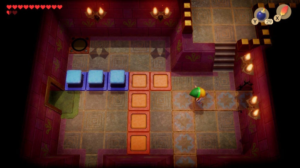 Link opening a room to the east by blowing up a cracked wall.
