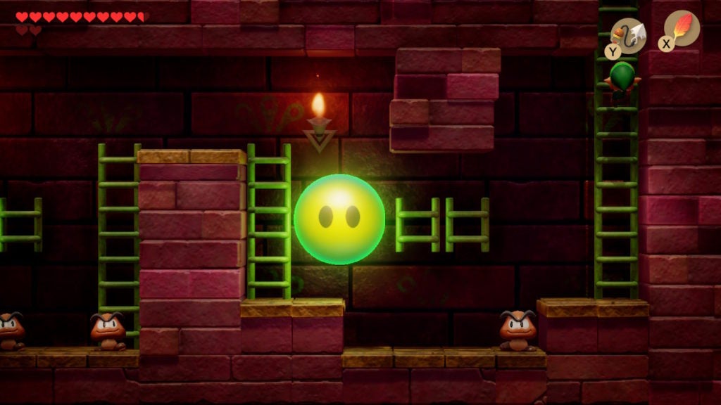 Link climbing down into the east side of a side-view underground tunnel with 1 Goomba and 1 Giant Bubble.