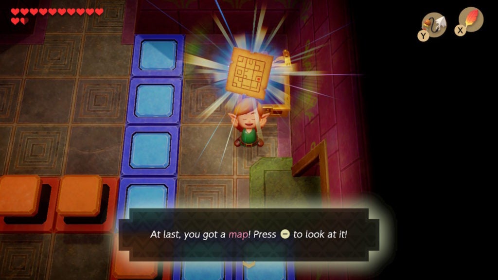 Link holding up the Dungeon Map, which is a square of parchment with lines on it.