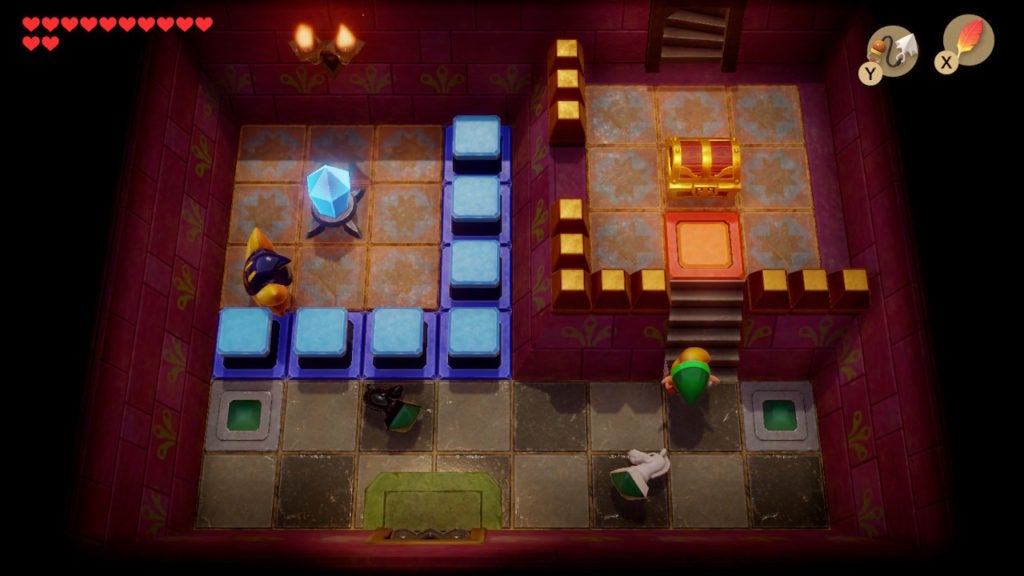 A room with a chest in the northeast, some chess pieces in the south, and a Star behind some Blue Switch Blocks in the northwest.