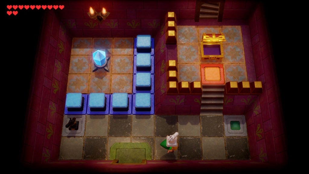 Link throwing a chess piece onto a green tile. The chess piece is a white knight.