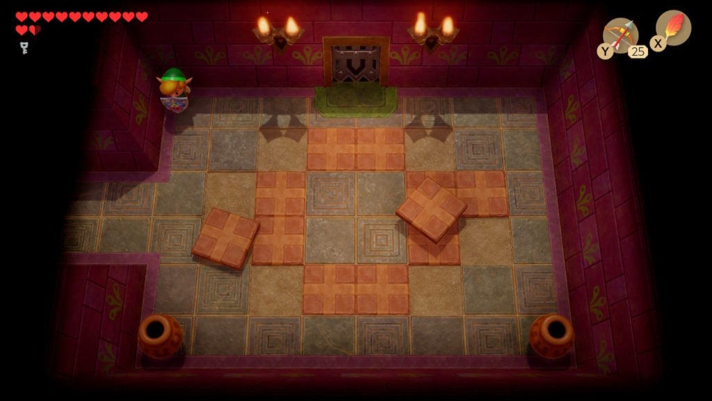 Link standing in the northwest corner with his shield up because a bunch of floor tiles have come alive and are attacking him.