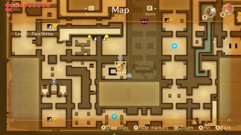 A map view of Link in a somewhat central part of the dungeon.