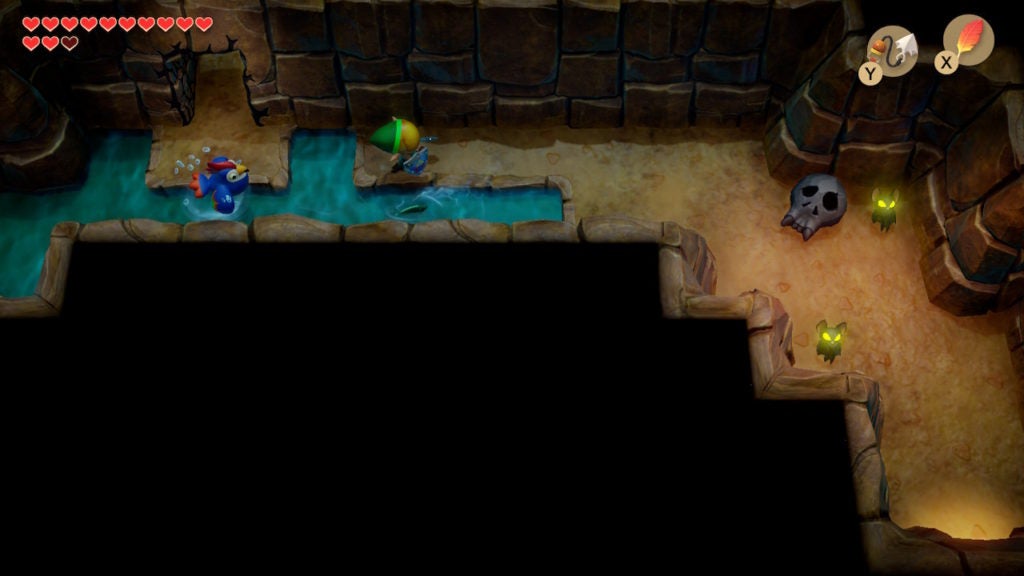 Link walking in a wet tunnel with the blue rooster.