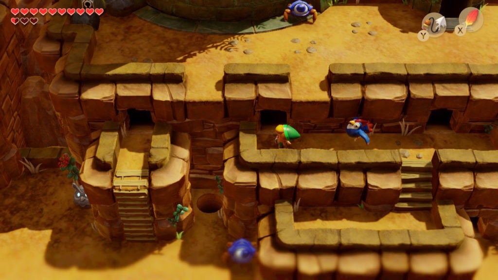 Link and blue rooster traveling between 2 of the many cave entrances south of Level 7 - Eagle's Tower.