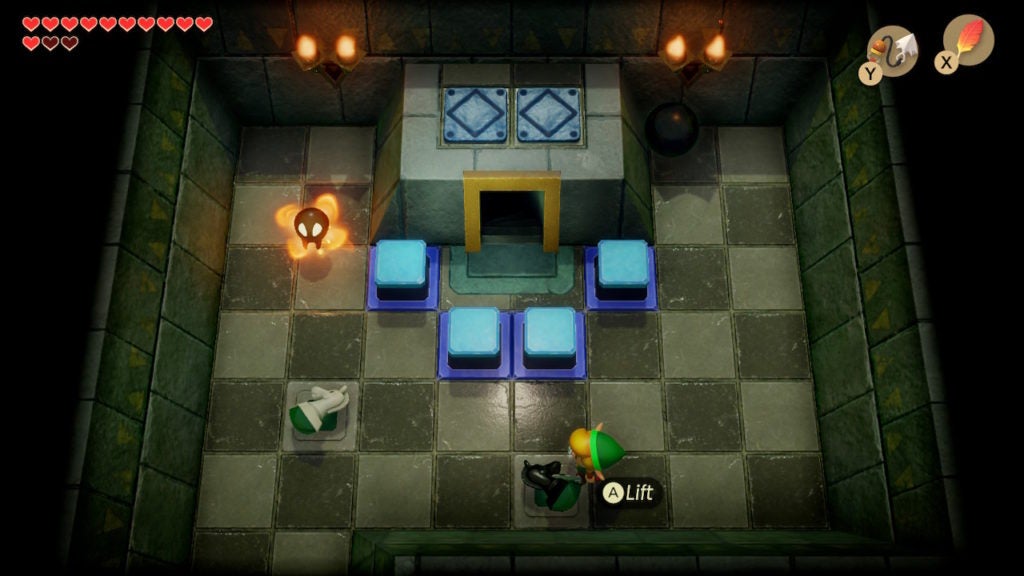 Link in a room with 2 lying down chess pieces.