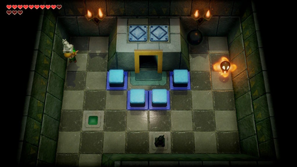 Link standing in the northwest of the room holding the white knight and facing south.