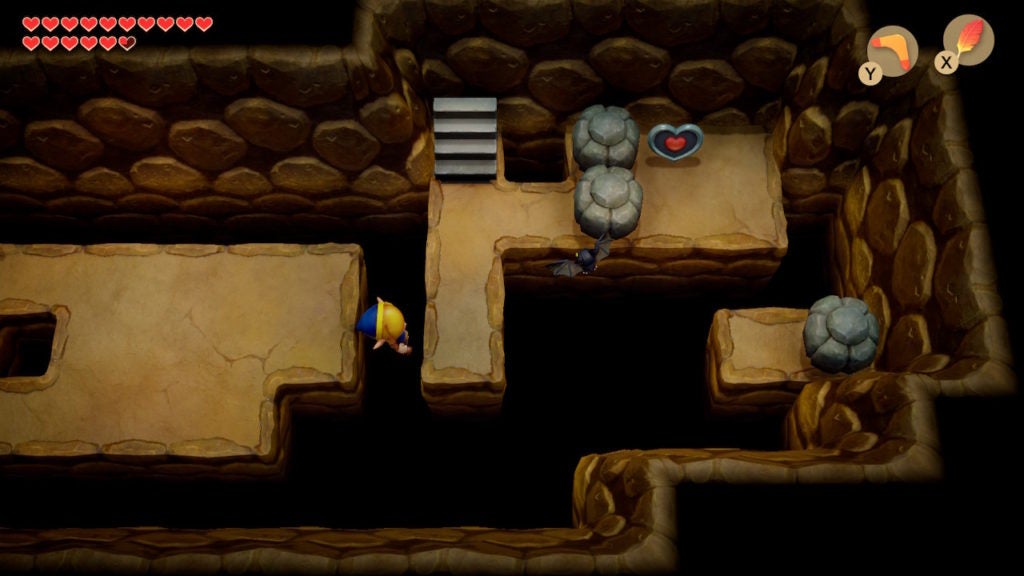Link falling down a hole while trying to jump to a heart piece in a cave.