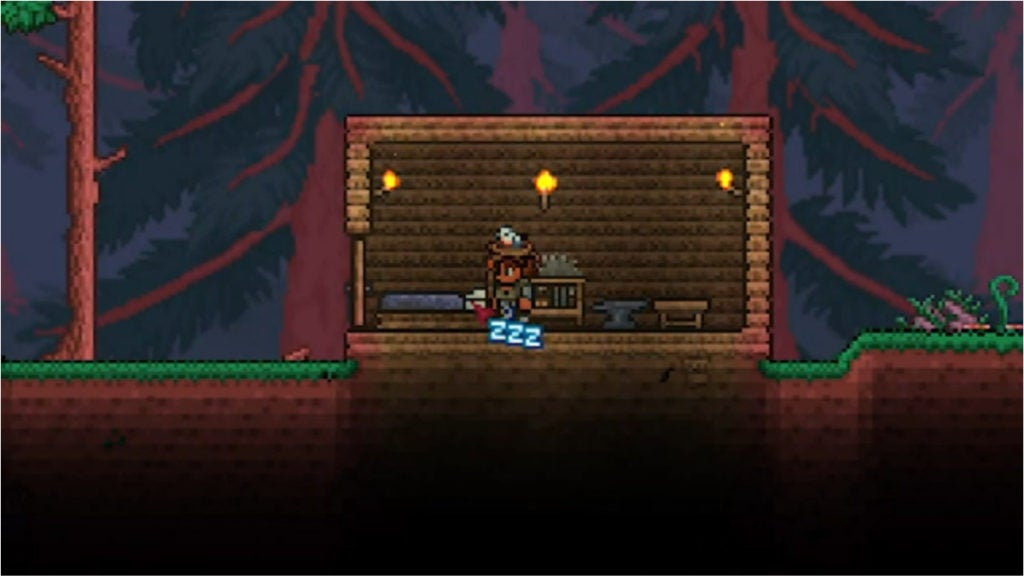 Terraria is a game like Minecraft where a player is sleeping in a bed in a house they made.