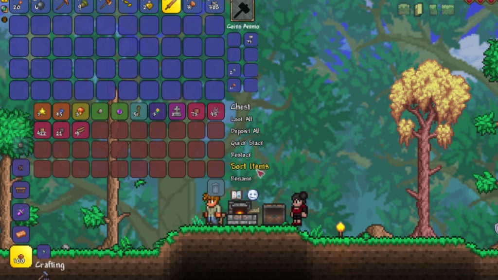 A player sorting the items in a Chest in Terraria.