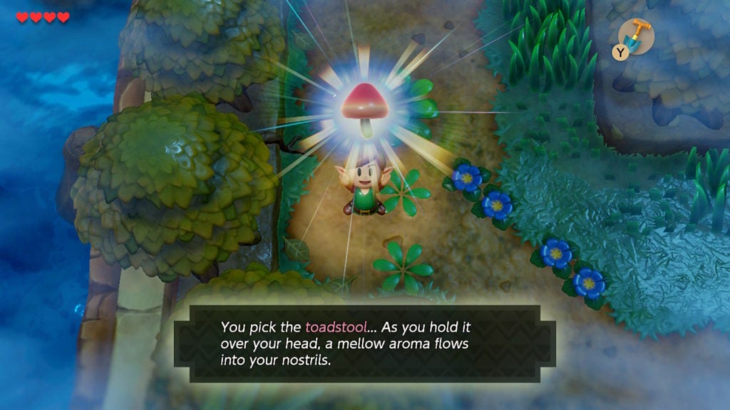 The player finding the toadstool that grows in the northwestern part of the forest. Link is holding the reddish mushroom above their head in excitement.