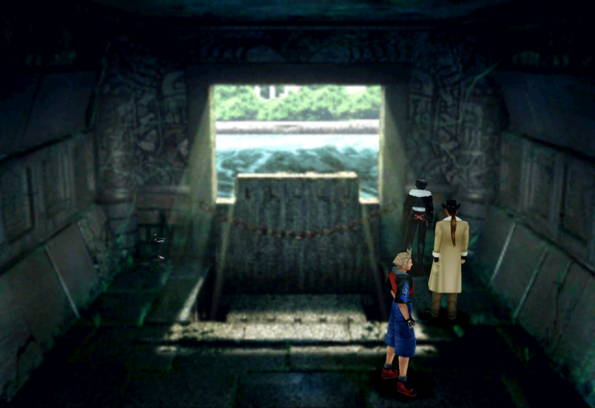 Squall prepares to open the sluice gate in the tomb of the unknown king.