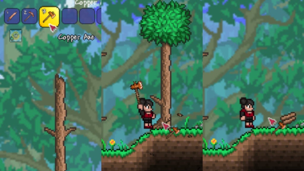 A collage of player using copper axe to gather wood in Terraria.