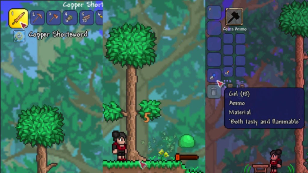 A player fighting slime with copper shortsword and getting gel in Terraria.