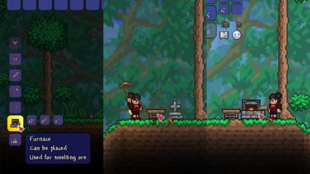 A player making a furnace and moving the Work Bench in Terraria.