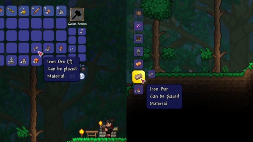 A player smelting Iron Ore to Iron Bar using a Furnace in Terraria.