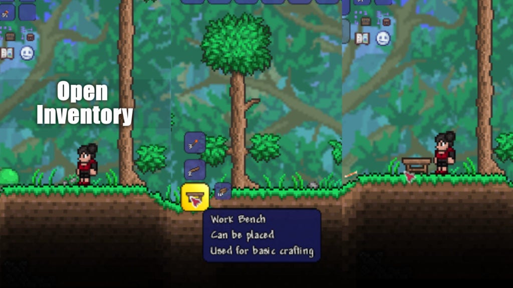 A player making a Work Bench in Terraria.
