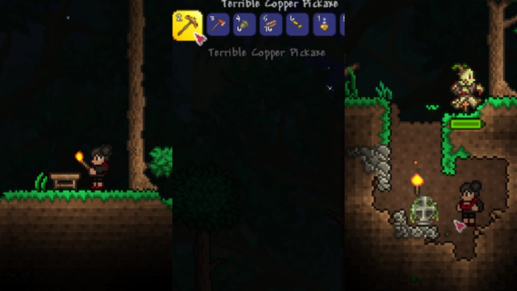 A player exploring with a torch to find stone blocks while zombies are lurking around in Terraria.