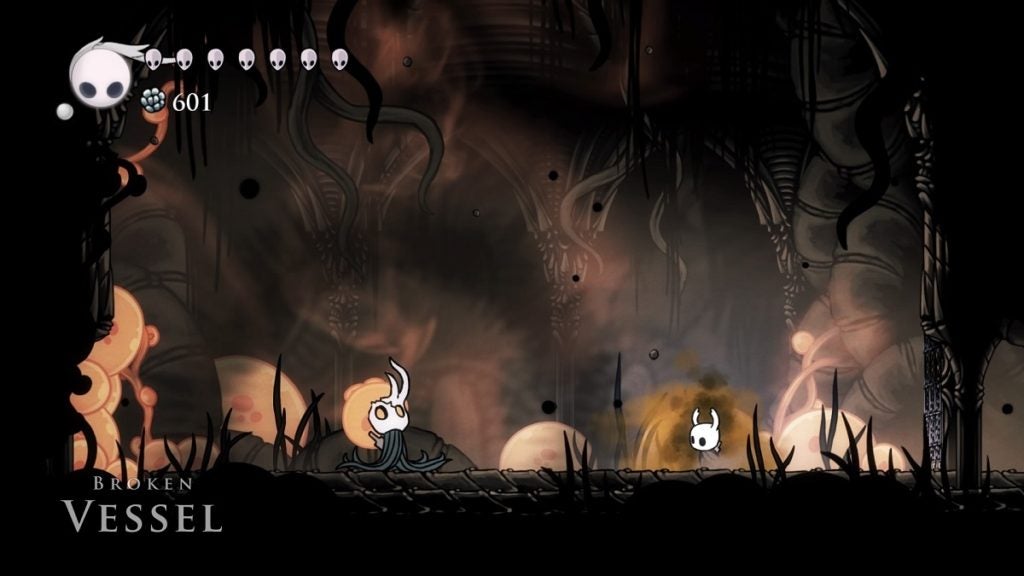 The Knight facing the Broken Vessel from Hollow Knight.