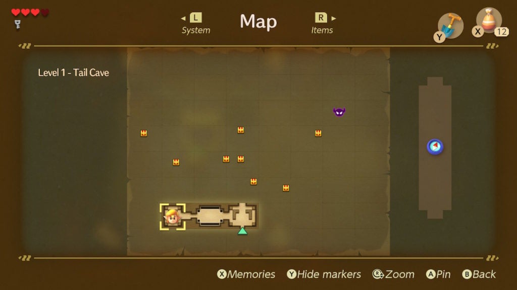Looking at the chests and some of the uncovered rooms in Level 1 - Tail Cave. The player has the compass.