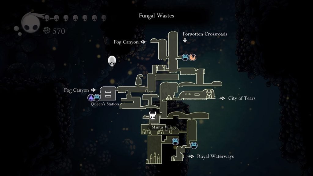 A map of the Fungal Waste leading to Deepnest.