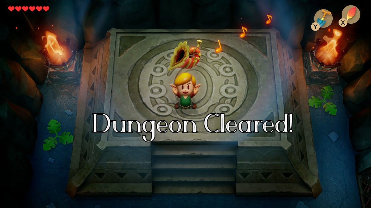 Link is happily holding up the Conch Horn with the text "dungeon cleared" underneath him.