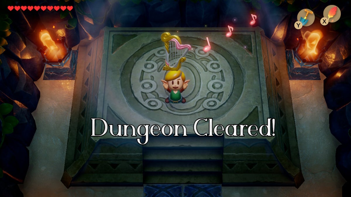 Link holding up the Surf Harp while the text "dungeon cleared!" appears below him.