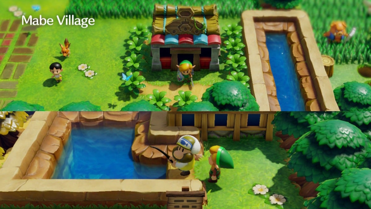 The top image is Link just outside of Trendy Game and the bottom image is Link talking to the Fisherman of the Fishing Pond.