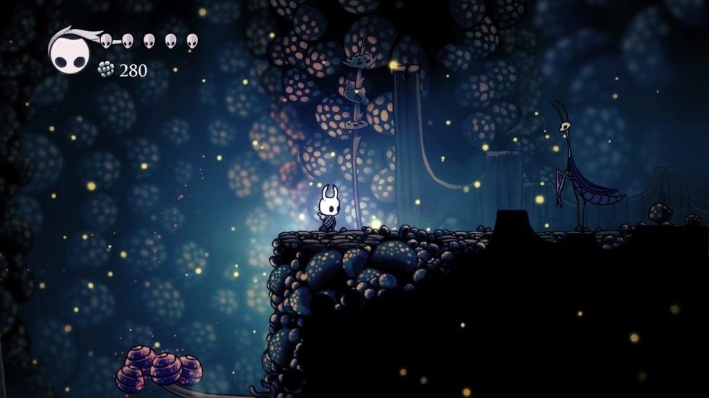 Meeting a Mantis Warrior in Hollow Knight.