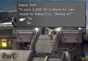 The conductor offers a train ticket to Deling City for 3000 Gil.