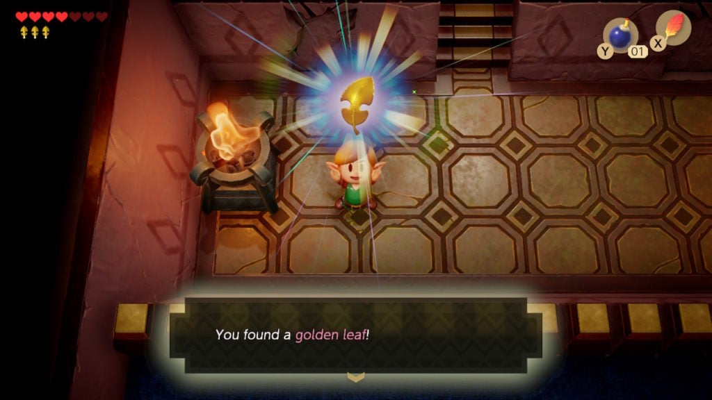 Link joyfully holding u the golden leaf he won from slaying 2 Dakrnuts on floor 2 of the keep.