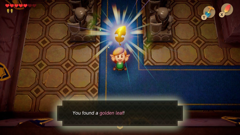 Link happily holding up the golden feather he got for defeating most of the enemies in the area.