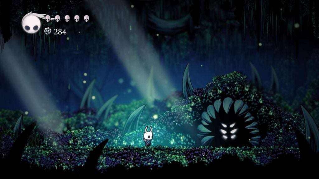 Meeting the Hunter in Hollow Knight.