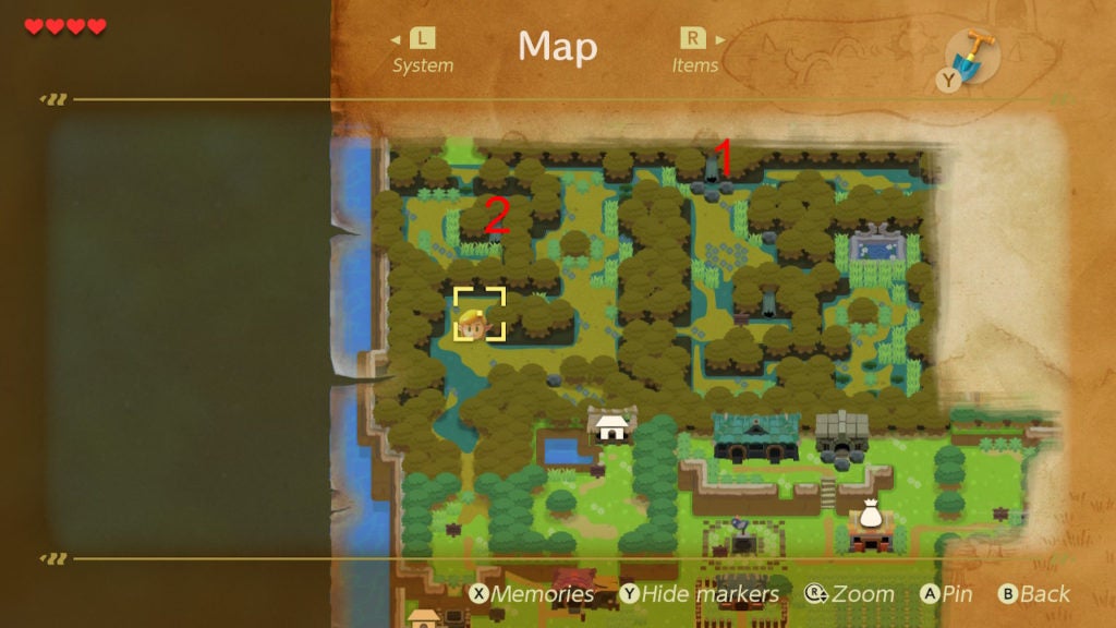 Red numbers showing where to find the 2 heart pieces in the mysterious forest.