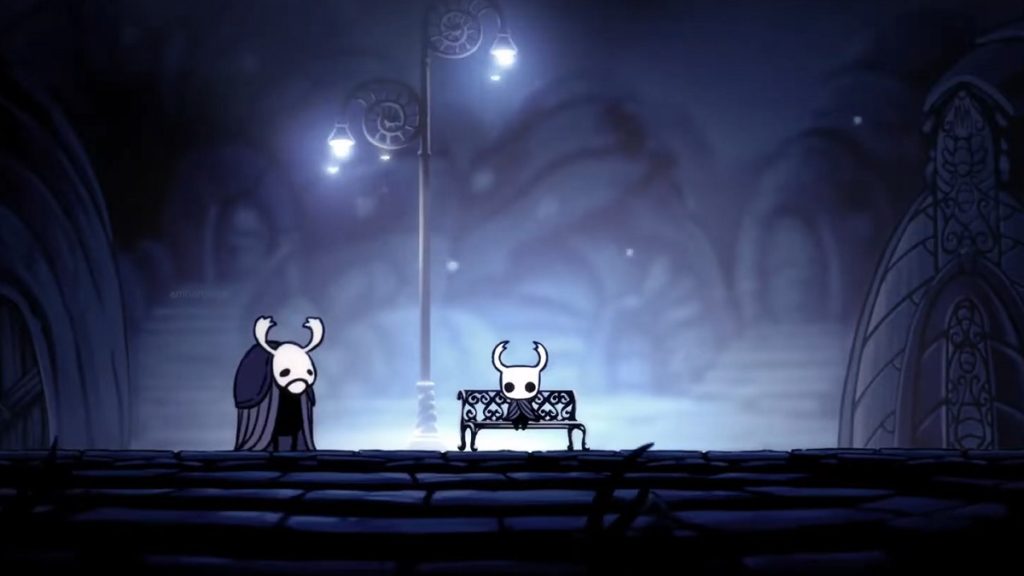 Resting at a bench in Hollow Knight.