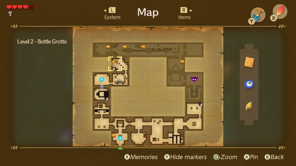 The full view of all dungeon rooms with chests and the boss room location.
