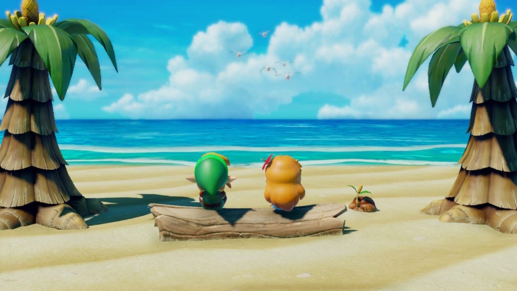 Link and Marin sitting on a log and staring at the sea while they talk.