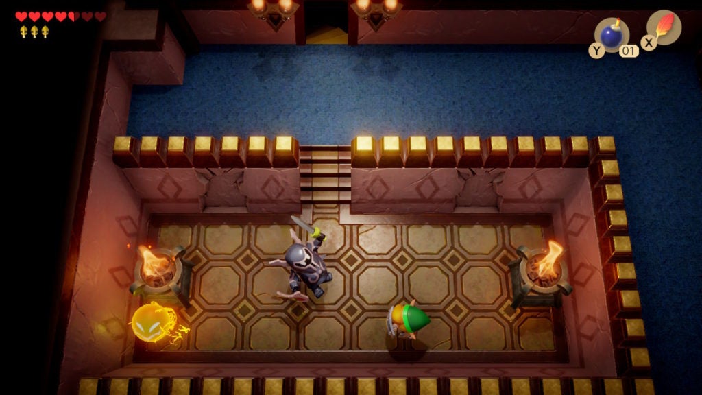A Darknut enemy attacking Link in a room with a Spark nearby.