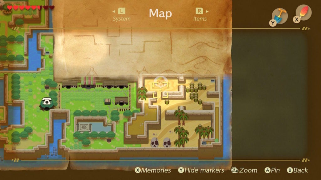 The square cursor of the map screen hovering over the quicksand pit in the north of Yarna Desert.