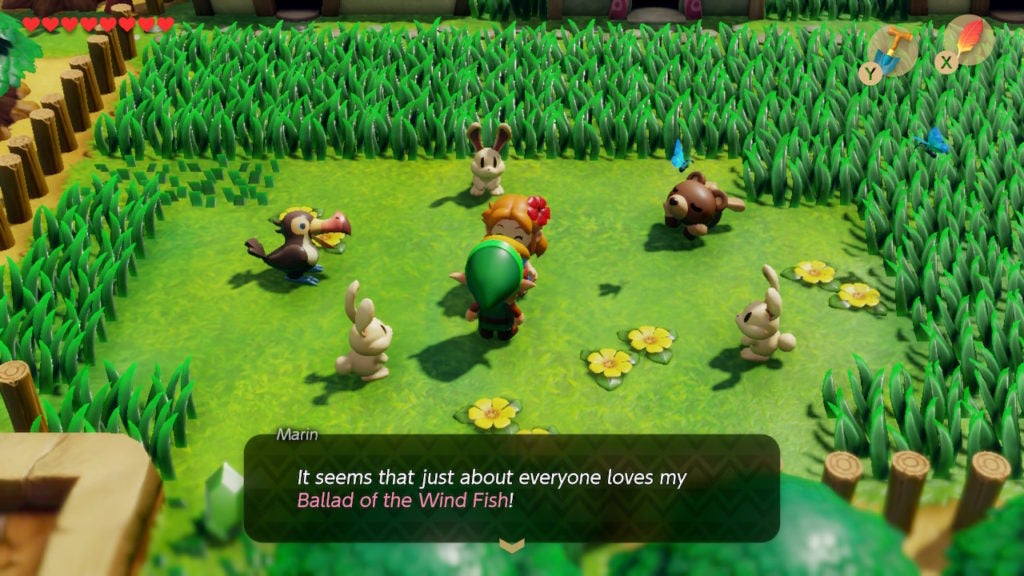 Link speaking with Marin in Animal Village when she performs the Ballad of the Wind Fish for the town residents.