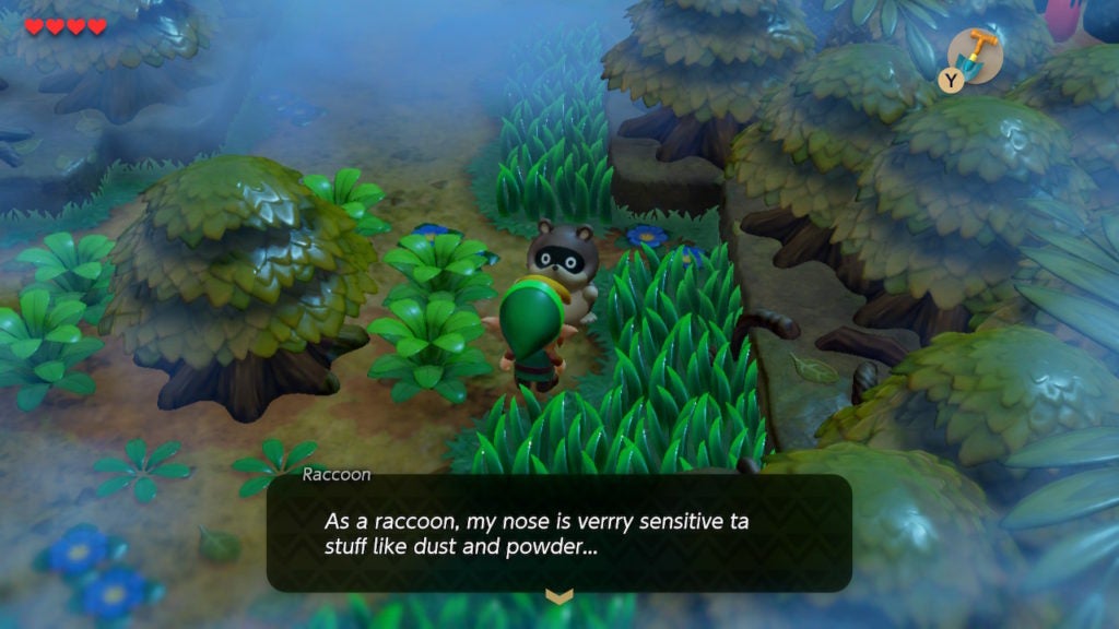 Link talking to the raccoon in the mysterious forest.